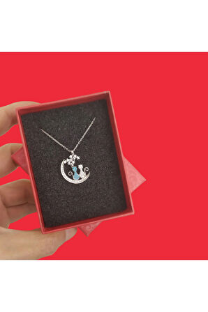 Modahilye 925 Ayar Gümüş Ay Yıldız Seyreden Kedi Tasarım Kolye