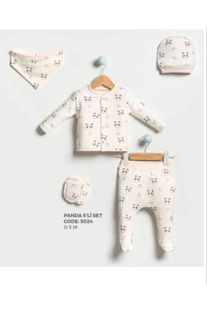 %100 ORGANİK PAMUK PANDA DESENLİ 5Li HASTANE ÇIKIŞ SETİ