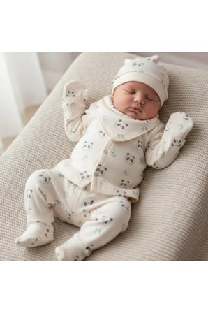 %100 ORGANİK PAMUK PANDA DESENLİ 5Li HASTANE ÇIKIŞ SETİ