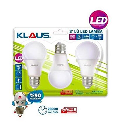 Klaus 3'lü Led Lamba 6500K Beyaz Işık 9W