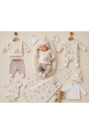 %100 Organi̇K You And Me Ayicik Desenli̇ 10 Lu Hastane Cikis Seti̇