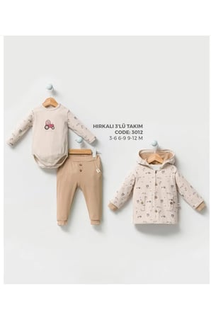 %100 Organi̇K Ci̇Ftci̇ Baskili Kapusonlu 3’Lu Takim