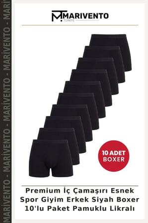 Premium İç Çamaşırı Esnek Spor Giyim Erkek Siyah Boxer 10'lu Paket Pamuklu Likralı