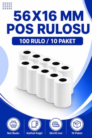 56x16mm Termal Pos Rulosu | 10 Paket | 100 Rulo | Ribonsuz | Perakende, Kafe, Market | Pos Yazıcı
