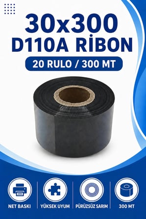 30x300mm D110a Ribon | 20 Rulo | 300 Mt | Dayanıklı | Tekstil, Yıkama, Etiketleme | Termal Transfer