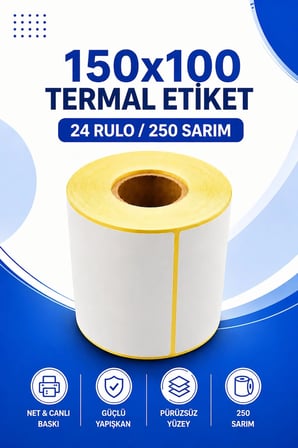 150x100mm Termal Etiket 24 Rulo 250 Sarım Ribonsuz Kargo, Lojistik, Depo Yapışkanlı