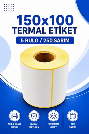 150x100mm Termal Etiket 5 Rulo 250 Sarım Ribonsuz Kargo, Lojistik, Depo Yapışkanlı