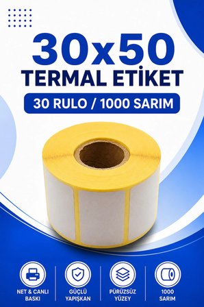 30x50mm Termal Etiket | 30 Rulo | 1000 Sarım | Ribonsuz | Kargo, Lojistik, Depo | Yapışkanlı