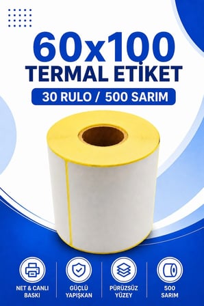 60x100mm Termal Etiket | 30 Rulo | 500 Sarım | Ribonsuz | Kargo, Lojistik, Depo | Yapışkanlı