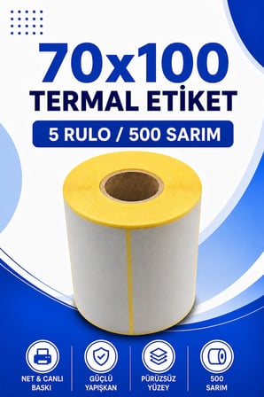 70x100mm Termal Etiket | 5 Rulo | 500 Sarım | Ribonsuz | Kargo, Lojistik, Depo | Yapışkanlı