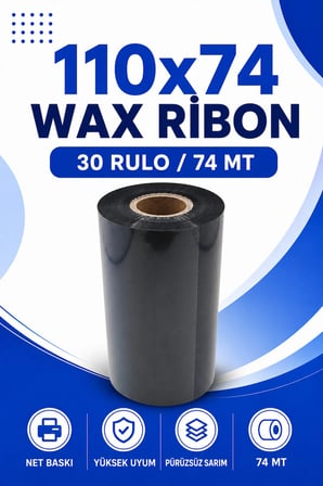 110x74mm Wax Ribon | 30 Rulo | 74 Mt | Yüksek Kalite | Kargo, Lojistik | Termal Transfer