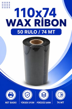 110x74mm Wax Ribon | 50 Rulo | 74 Mt | Dayanıklı | Ambalaj, Lojistik, Depo | Termal Transfer