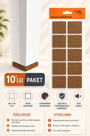 10’lu 40x40 mm Kare Kendinden Yapışkanlı Mobilya Keçesi Masa Sandalye Ayağı Parke Zemin Koruyucu Çizilme ve Ses Önleyici Keçe Pedi