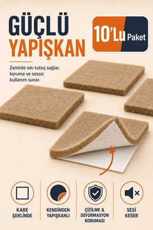 10’lu 40x40 mm Kare Kendinden Yapışkanlı Mobilya Keçesi Masa Sandalye Ayağı Parke Zemin Koruyucu Çizilme ve Ses Önleyici Keçe Pedi
