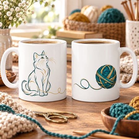 Kedi ve Yumak 2`li Porselen Kupa Seti - MODEL 366
