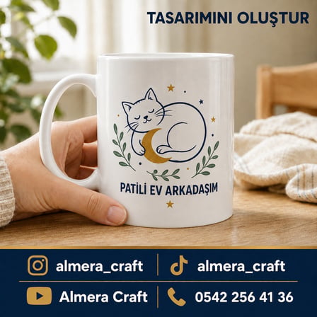 AlmeraCraft Kupa Patili Ev Arkadaşım Porselen Kedi Temalı Kişiye Özel Bardak