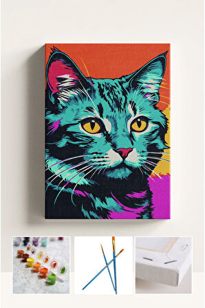 Sayılarla Boyama Seti Numaralı Tuval Fırça Boya Renkli Kedi 40x50 Cm