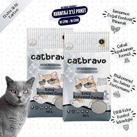 CATBRAVO Aktif Karbonlu Topaklanan Kedi Kumu 10 Lt X 2 Adet