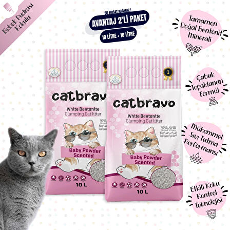 CATBRAVO Aktif Topaklanan Bebek Pudrası Kokulu Kedi Kumu 10 Lt X 2 Adet