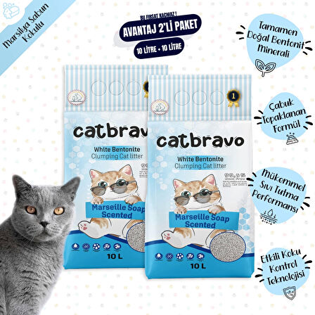 CATBRAVO Aktif Topaklanan Marsilya Sabunuı Kokulu Kedi Kumu 10 Lt X 2 Adet