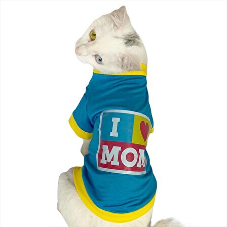 Love Mom Blue, Oval Yaka Tişört Kedi Kıyafeti Elbisesi Anneler Günü