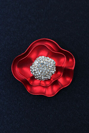 Kırmızı gül broş. Taşlı tasarım kırmızı gül broş. Yaka iğnesi gül broş. Kadın broş. Broş. Gül broş.