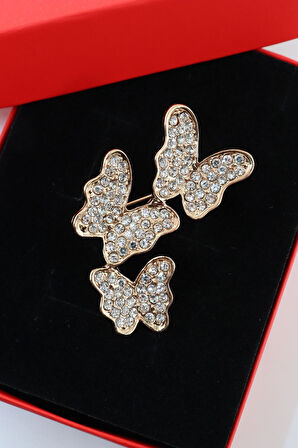 Gold üçlü kelebek broş. Taşlı tasarım broş. Yaka iğnesi broş. Kadın broş. Broş. Kelebek broş.