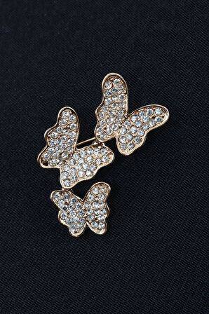Gold üçlü kelebek broş. Taşlı tasarım broş. Yaka iğnesi broş. Kadın broş. Broş. Kelebek broş.