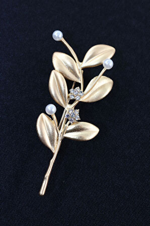 Gold taşlı incili zeytin dalı broş. Yaka iğnesi broş. Kadın broş. Broş. Zeytin dalı broş.