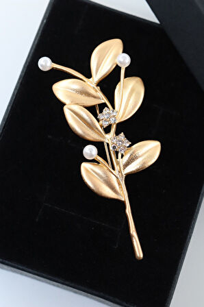 Gold taşlı incili zeytin dalı broş. Yaka iğnesi broş. Kadın broş. Broş. Zeytin dalı broş.