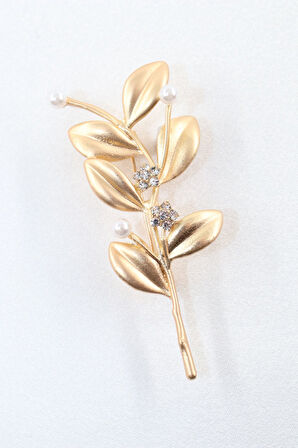 Gold taşlı incili zeytin dalı broş. Yaka iğnesi broş. Kadın broş. Broş. Zeytin dalı broş.