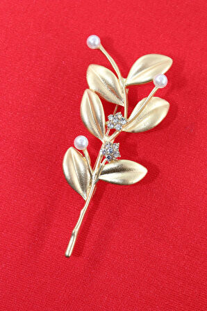 Gold taşlı incili zeytin dalı broş. Yaka iğnesi broş. Kadın broş. Broş. Zeytin dalı broş.