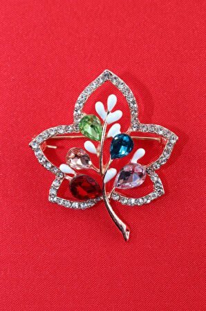 Elmas taşlı meşe yaprağı broş. Yaka iğnesi broş. Taşlı broş. Kadın broş. Broş. Meşe yaprağı broş.