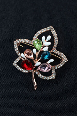 Elmas taşlı meşe yaprağı broş. Yaka iğnesi broş. Taşlı broş. Kadın broş. Broş. Meşe yaprağı broş.