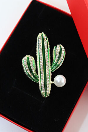 Kristal taşlı incili kaktüs broş. Yaka iğnesi broş. Taşlı kaktüs broş. Kadın broş. Broş. Kaktüs broş