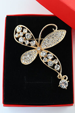 Sallantılı Gold Renk Pırlantalı Çiçek Broş. Taşlı Tasarım Çiçek Broş. Kadın Broş. Broş. Çiçek Broş.