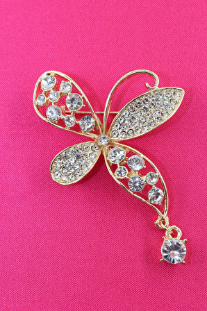 Sallantılı Gold Renk Pırlantalı Çiçek Broş. Taşlı Tasarım Çiçek Broş. Kadın Broş. Broş. Çiçek Broş.