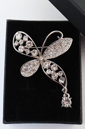 Sallantılı gümüş renk pırlanta çiçek broş. Taşlı tasarım çiçek broş. Kadın broş. Broş. Çiçek broş.