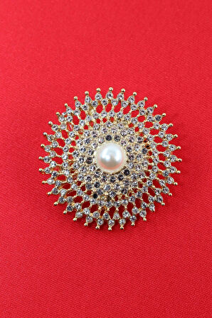 Gold renk incili retro güneş broş. Kristal taşlı tasarım güneş broş. Yaka iğnesi broş. Güneş broş.