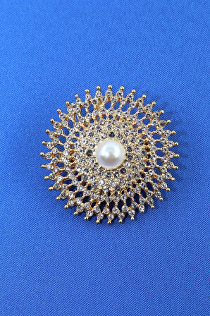 Gold renk incili retro güneş broş. Kristal taşlı tasarım güneş broş. Yaka iğnesi broş. Güneş broş.