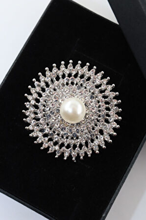 Gümüş renk incili retro güneş broş. Kristal taşlı tasarım güneş broş. Yaka iğnesi broş. Güneş broş