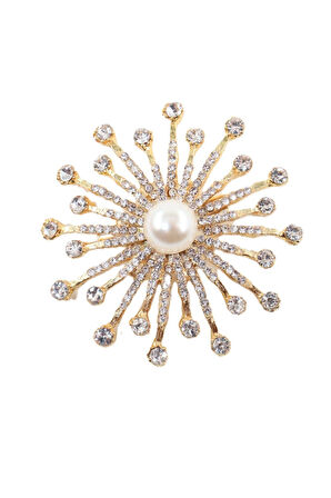 Gold renkli incili güneş broş. Taşlı tasarım güneş broş. Taşlı yaka iğnesi güneş broş. Güneş broş