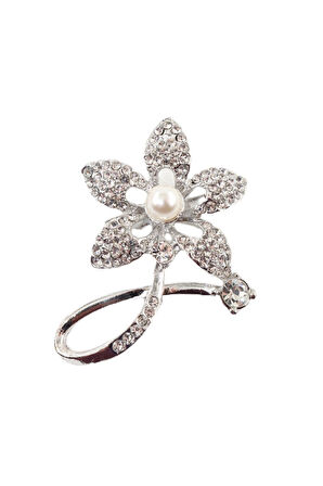Gümüş renkli incili yasemin çiçeği broş. Taşlı tasarım broş. Yaka iğnesi broş. Yasemin çiçeği broş