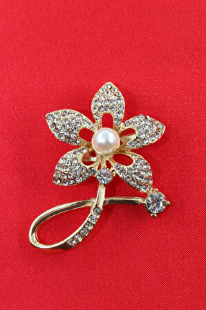 Gold renkli incili yasemin çiçeği broş. Taşlı tasarım broş. Yaka iğnesi broş. Yasemin çiçeği broş.