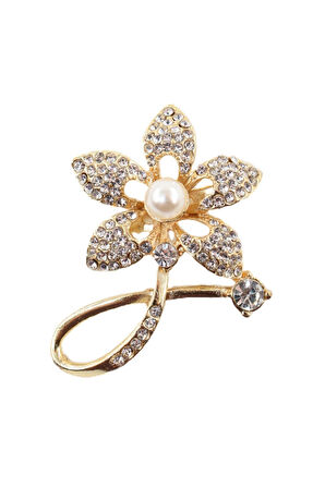 Gold renkli incili yasemin çiçeği broş. Taşlı tasarım broş. Yaka iğnesi broş. Yasemin çiçeği broş.