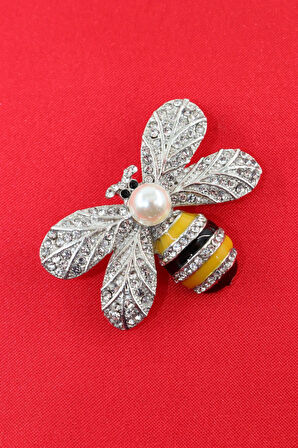 Gümüş renkli incili kraliçe arı broş. Taşlı tasarım broş. Yaka iğnesi broş. Arı broş.