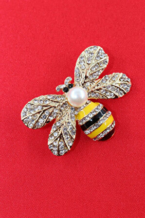 Gold renkli incili kraliçe arı broş. Taşlı tasarım broş. Yaka iğnesi broş. Arı broş.