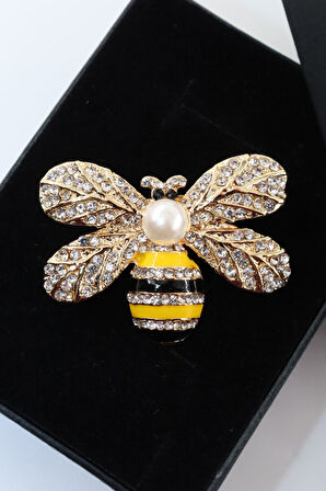 Gold renkli incili kraliçe arı broş. Taşlı tasarım broş. Yaka iğnesi broş. Arı broş.