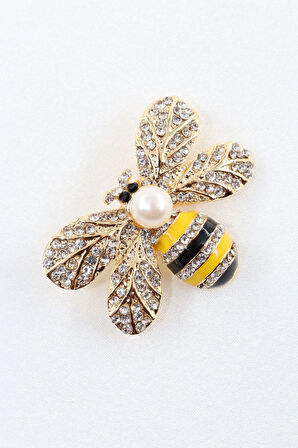 Gold renkli incili kraliçe arı broş. Taşlı tasarım broş. Yaka iğnesi broş. Arı broş.