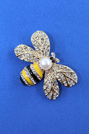 Gold renkli incili kraliçe arı broş. Taşlı tasarım broş. Yaka iğnesi broş. Arı broş.